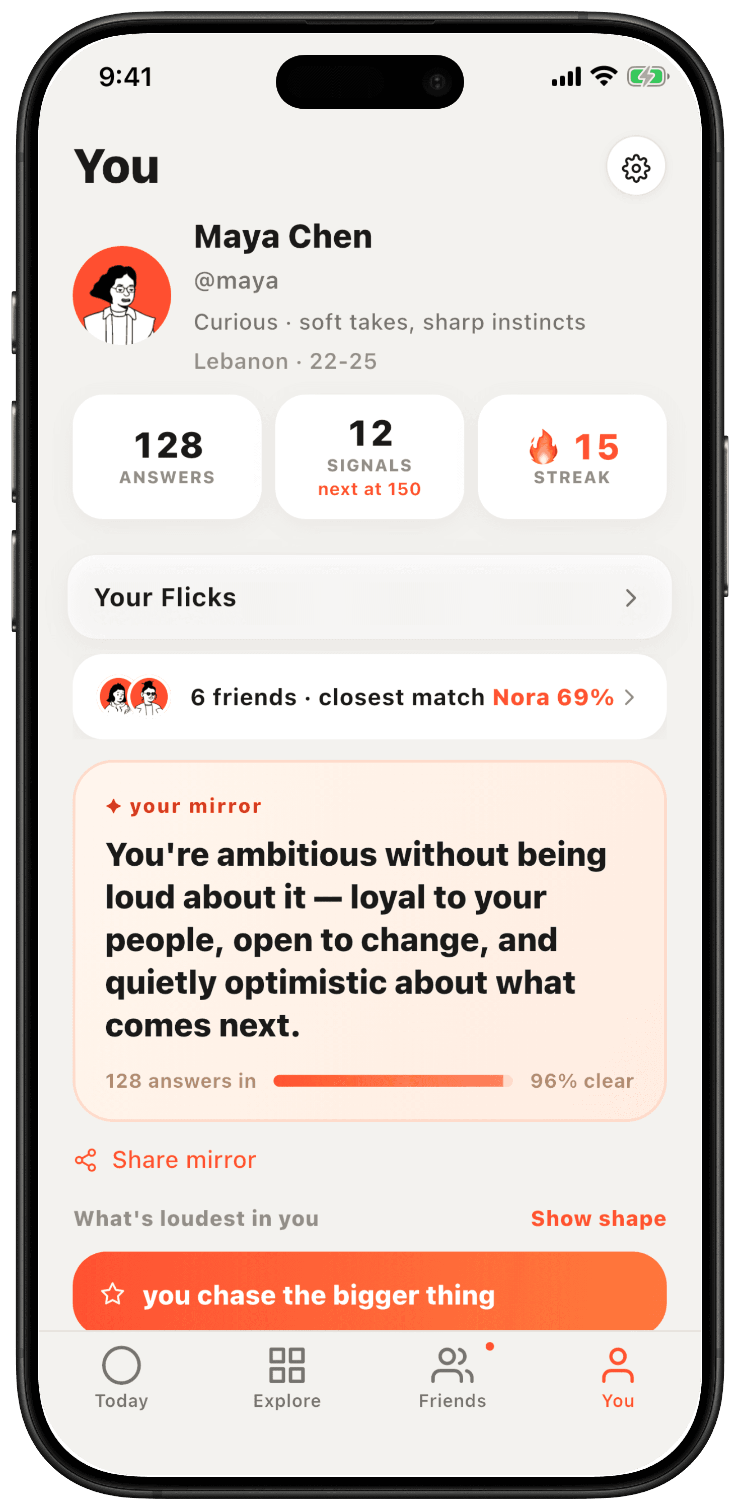 Flick mirror profile showing personality insights